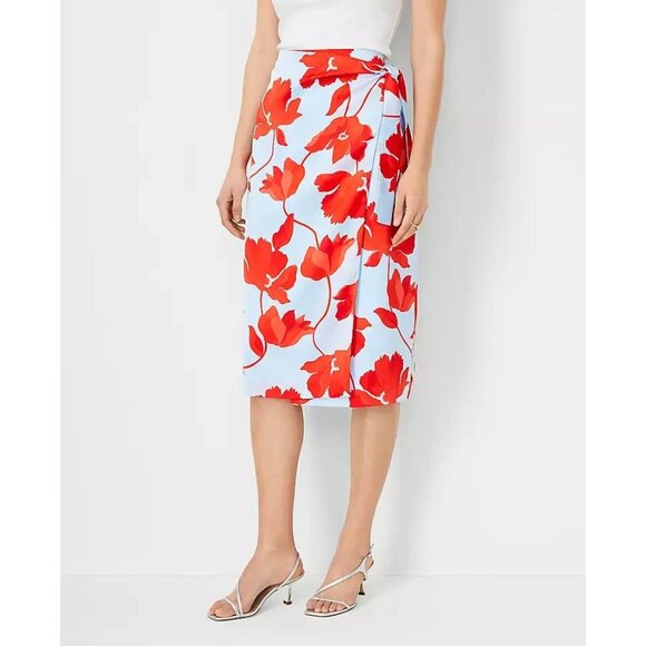 Ann Taylor Women's Print Skirt Side Zipper Faux Wrap Sarong Blue Red Size 6P - Picture 1 of 6